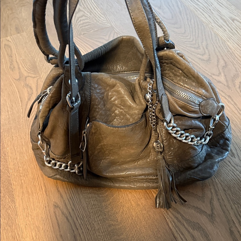 Grey/Brown Leather Chain-Accent Women's Bag